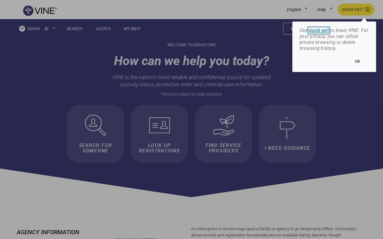 VINELink Idaho custody search interface